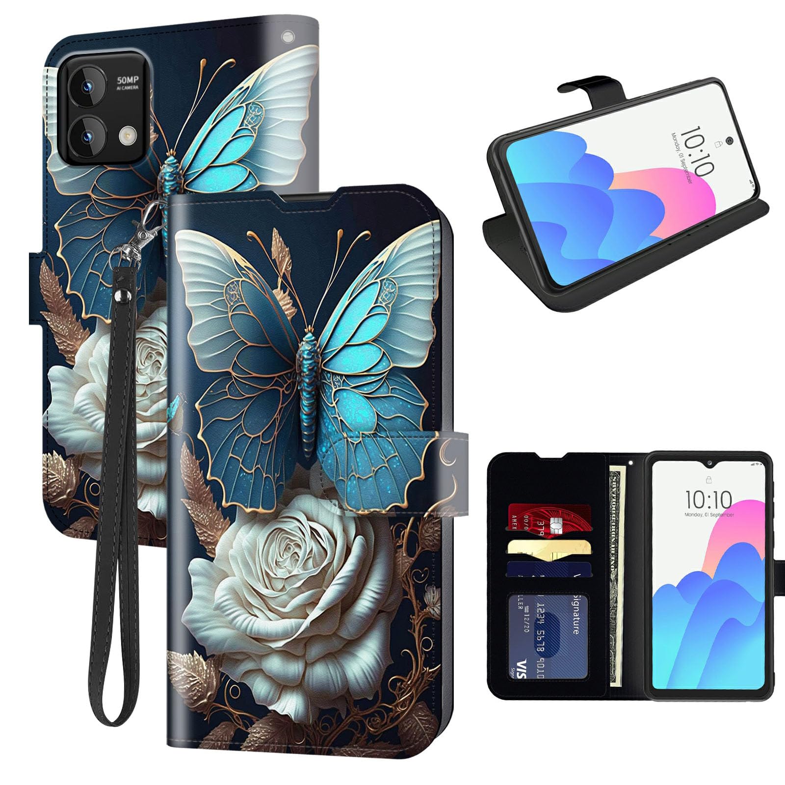 FUYOCWE for MOTO G Stylus 5G 2023 Case Wallet for Motorola Stylus 5G 2023 Phone Case with Card Holder Slot,Leather Flip Cover w/Kickstand+RFID Blocking+Magnetic Snap-Blue Butterfly Set on White Rose