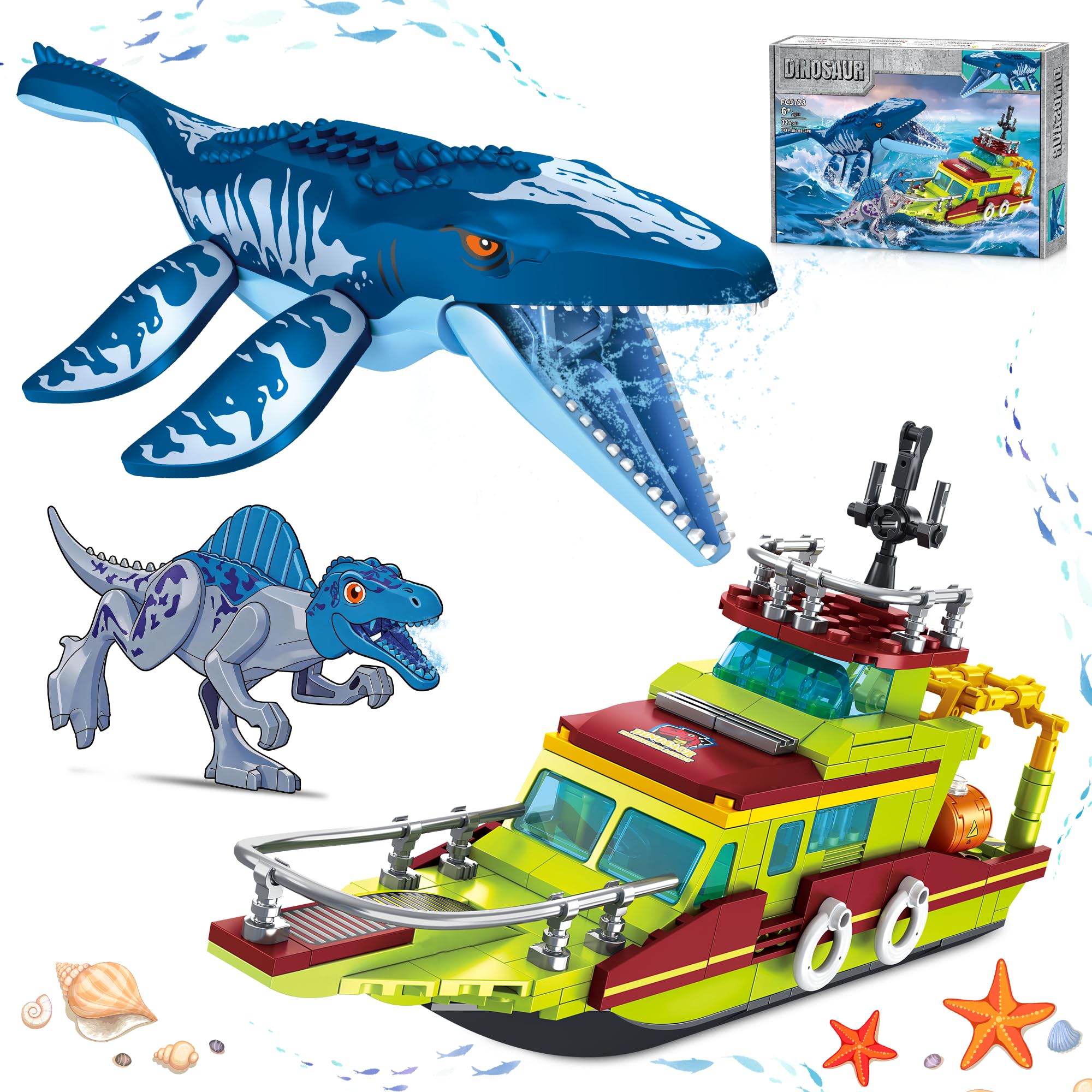 3 in 1 Ocean Explorer Boat Poseable Joint Dinosaur Building for Kids 6-12