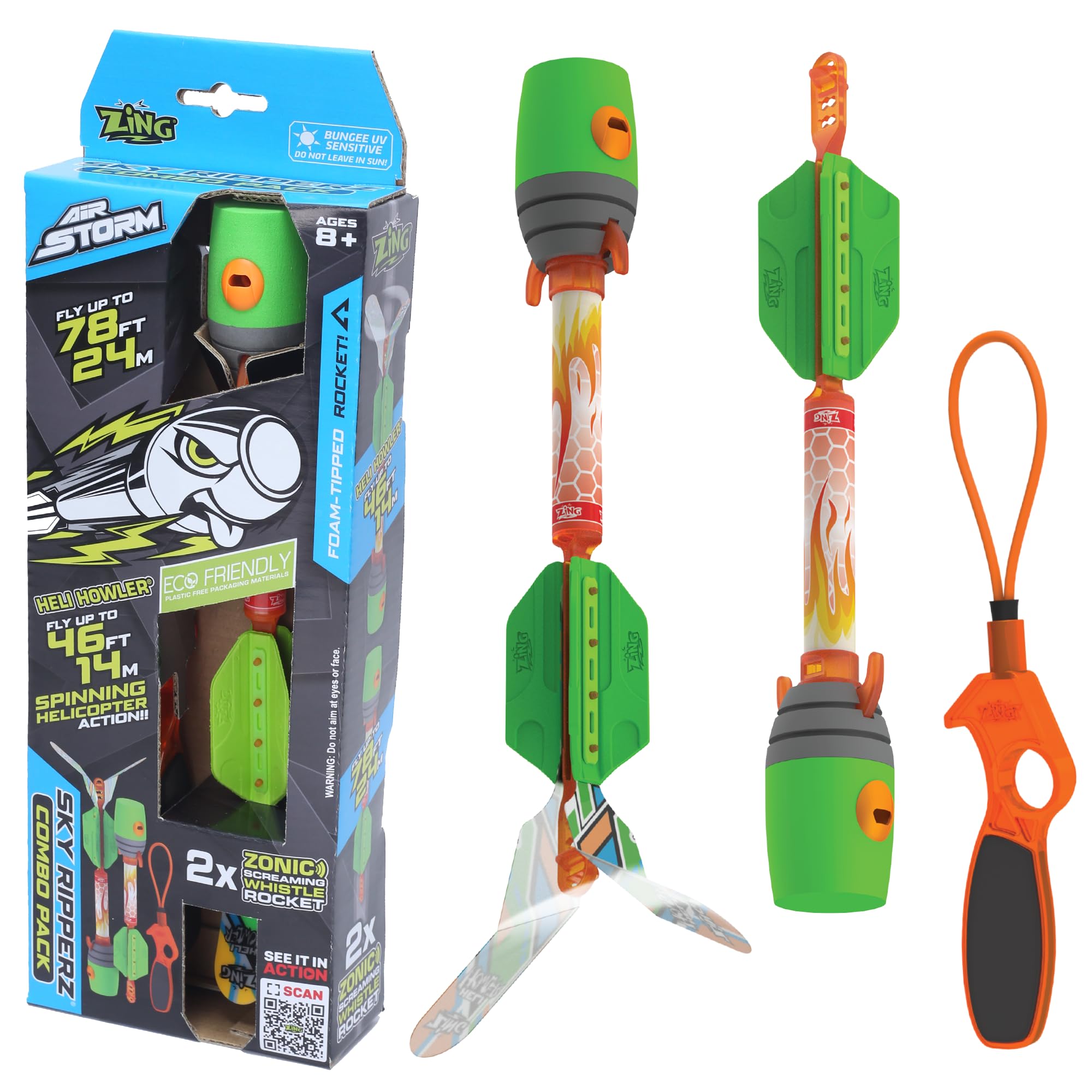Sky Ripperz Combo Pack Rocket Launcher Toy – Foam Tipped Rockets with Bungee Launch System, Whistling & Spinning Action, Outdoor Kids Toy (Ages 5+) - Colour picked at random