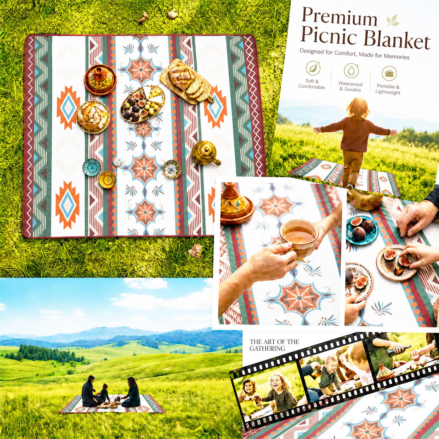 Coperta da picnic impermeabile, 200 x 200 cm, senza sabbia e lavabile, imbottita e portatile, grande per spiaggia, barbecue, escursioni, campeggio, coperta da picnic (Boho)