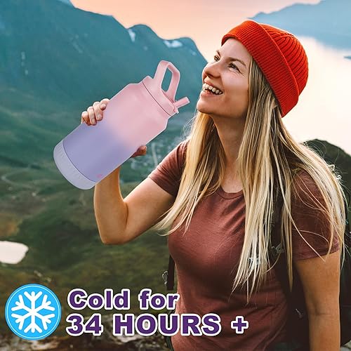 Miniatura 7 de Botella de Agua Aislada de 64 oz, Vaso Térmico de Acero Inoxidable al Vacío de Medio Galón con Tapa de Pajita Abatible y Asa Superior - Mantiene las