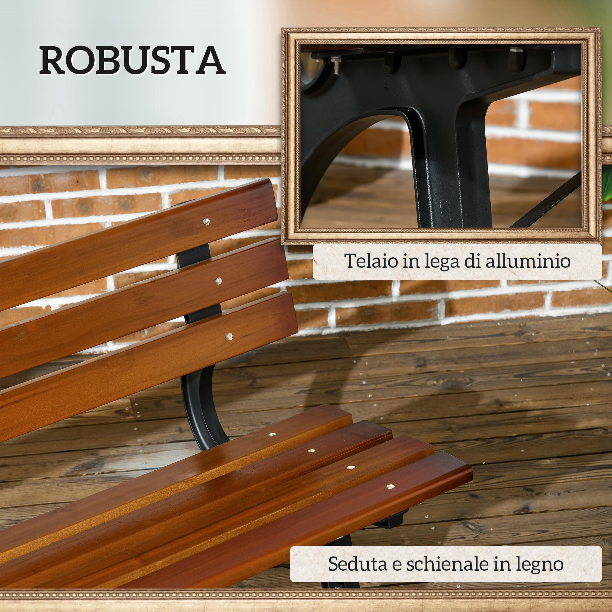 Outsunny Panchina da Giardino da 2 Posti, Panchina da Esterno a Doghe in Ghisa e Legno di Abete, Panca per Terrazza e Cortile, 120x57x70 cm, Caffè