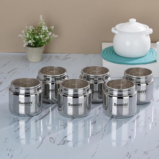 Sumeet Stainless Steel Small Canisters/Dabba/Storage Containers for Kitchen with See Through Lid, Set of 6 Pcs, 400ml Eac...