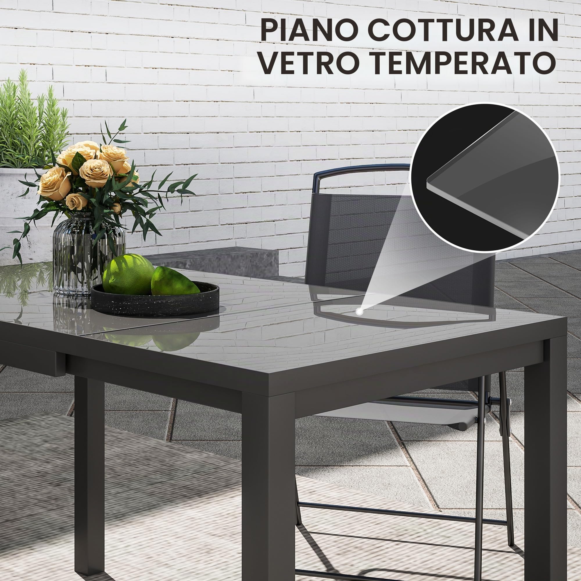 Outsunny Tavolo da giardino allungabile Tavolo da pranzo regolabile per esterni 85-125 cm con bordo in alluminio Carico 70 kg Tavolo rettangolare per 4-6 persone per terrazza Patio Grigio scuro