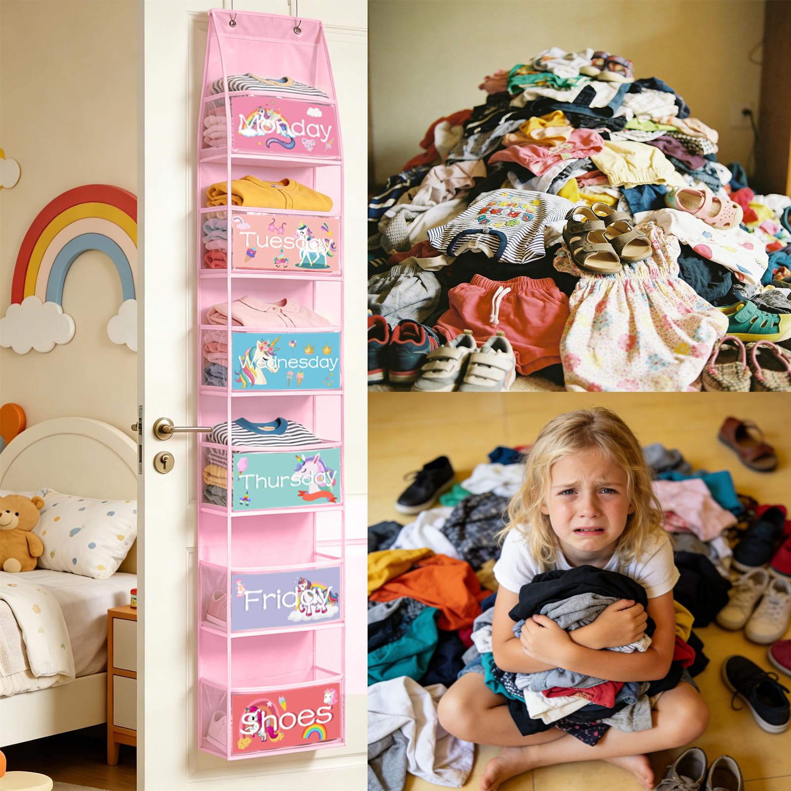 Lot de 2 organiseurs de vêtements hebdomadaires à 6 étagères, organiseur de placard à suspendre pour enfants avec 2 ensembles d'autocollants pour jour de la semaine, 15 x 30 x 134,6 cm (rose)