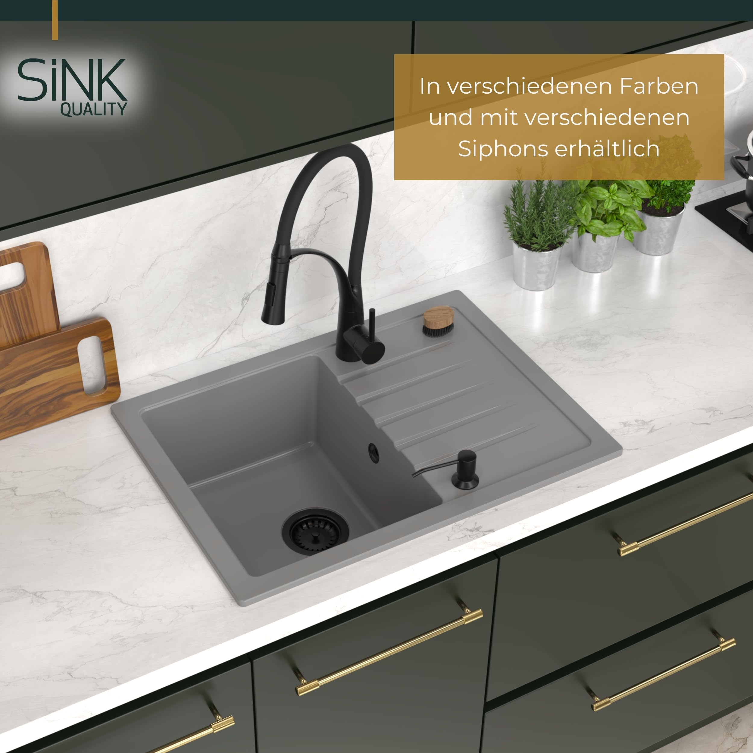 SINK Quality zlewozmywak szary z zestawem armatury 68 x 49,5 cm – zlewozmywak z kranem, syfonem Push i środkiem impregnującym – kompletny zestaw do szafki pod umywalkę z 45