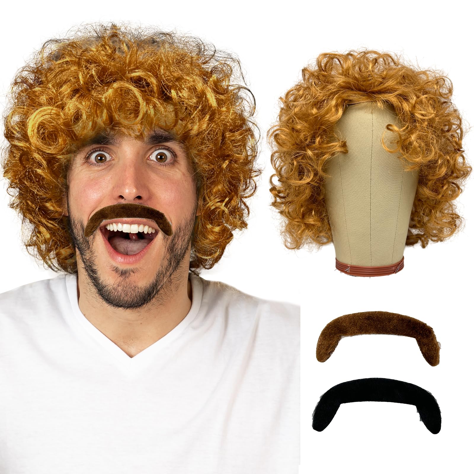 UILYNIU 3 Pieces Blonde Curly Wig with Moustache Wig for Men Hair Accessory Fancy Dress Mens Afro Curly Wig