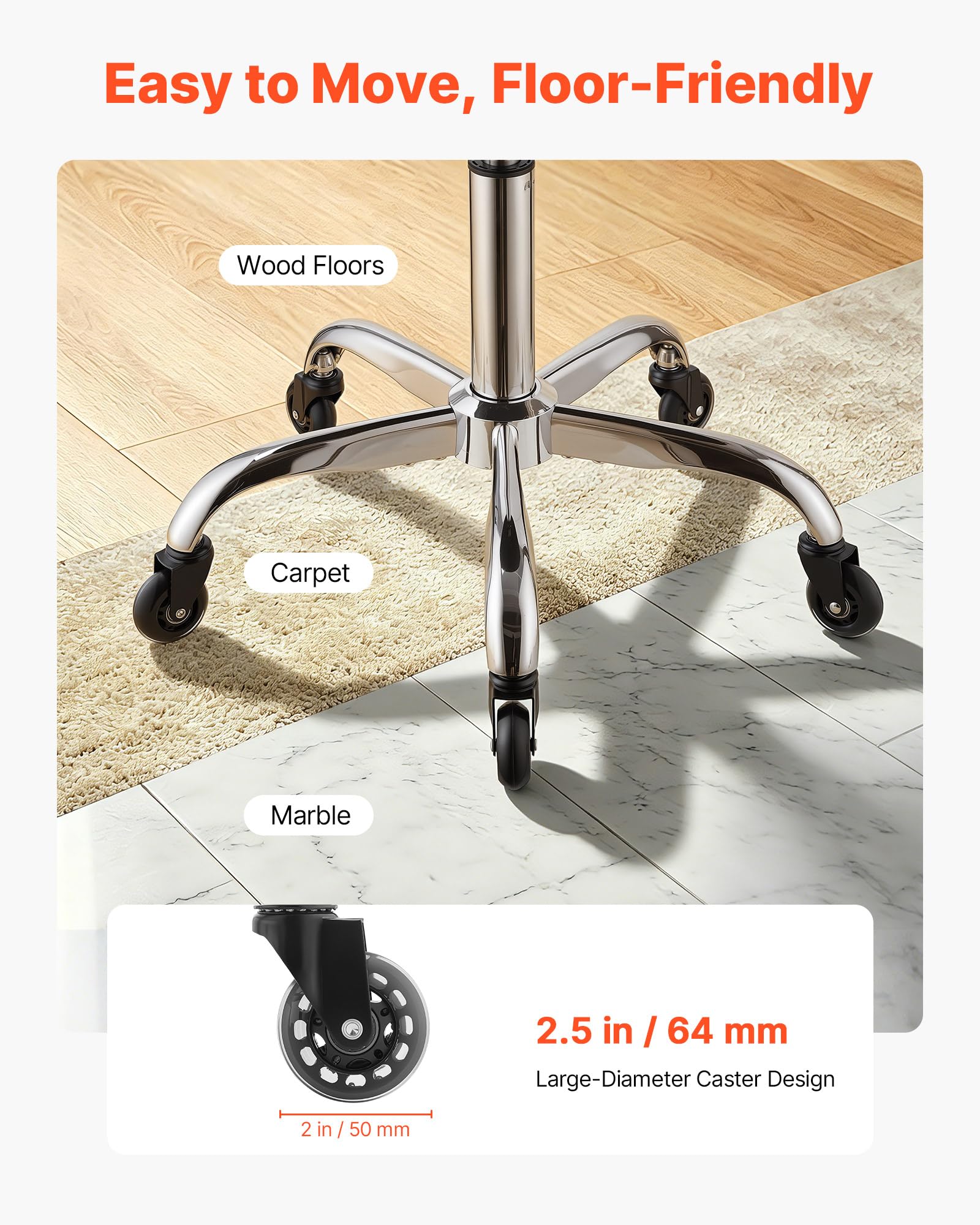 VEVOR Taburete Giratorio de Trabajo, Taburete con Ruedas, Capacidad de Carga de 226,8 kg, Altura Ajustable de 55-71 cm, Giro 360°, Asiento Ergonómico Acolchado, para Oficina Estudio Clínica Hogar