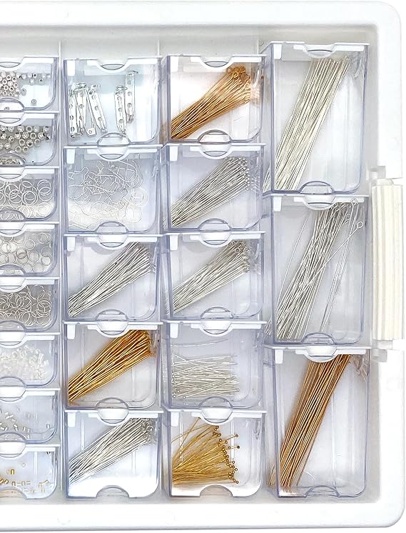 Bead Storage Solutions Elizabeth Ward Plastic See-Through Stackable 1,111 Piece Gold/Silver Assorted Costume Jewelry Findings Tray Bead Organizer