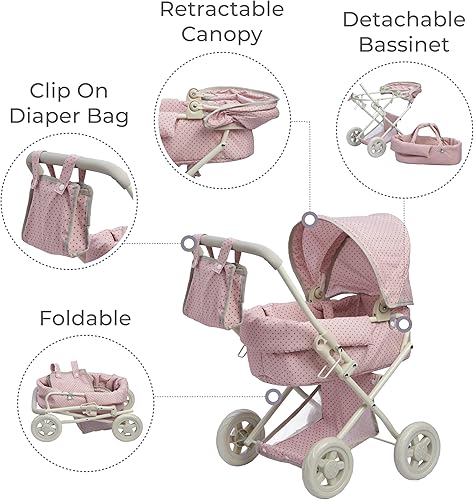 Miniatura 10 de Olivia's Little World Cochecito de muñeca de bebé estilo buggy con toldo retráctil, almacenamiento debajo, cuna desmontable, bolsa de viaje para