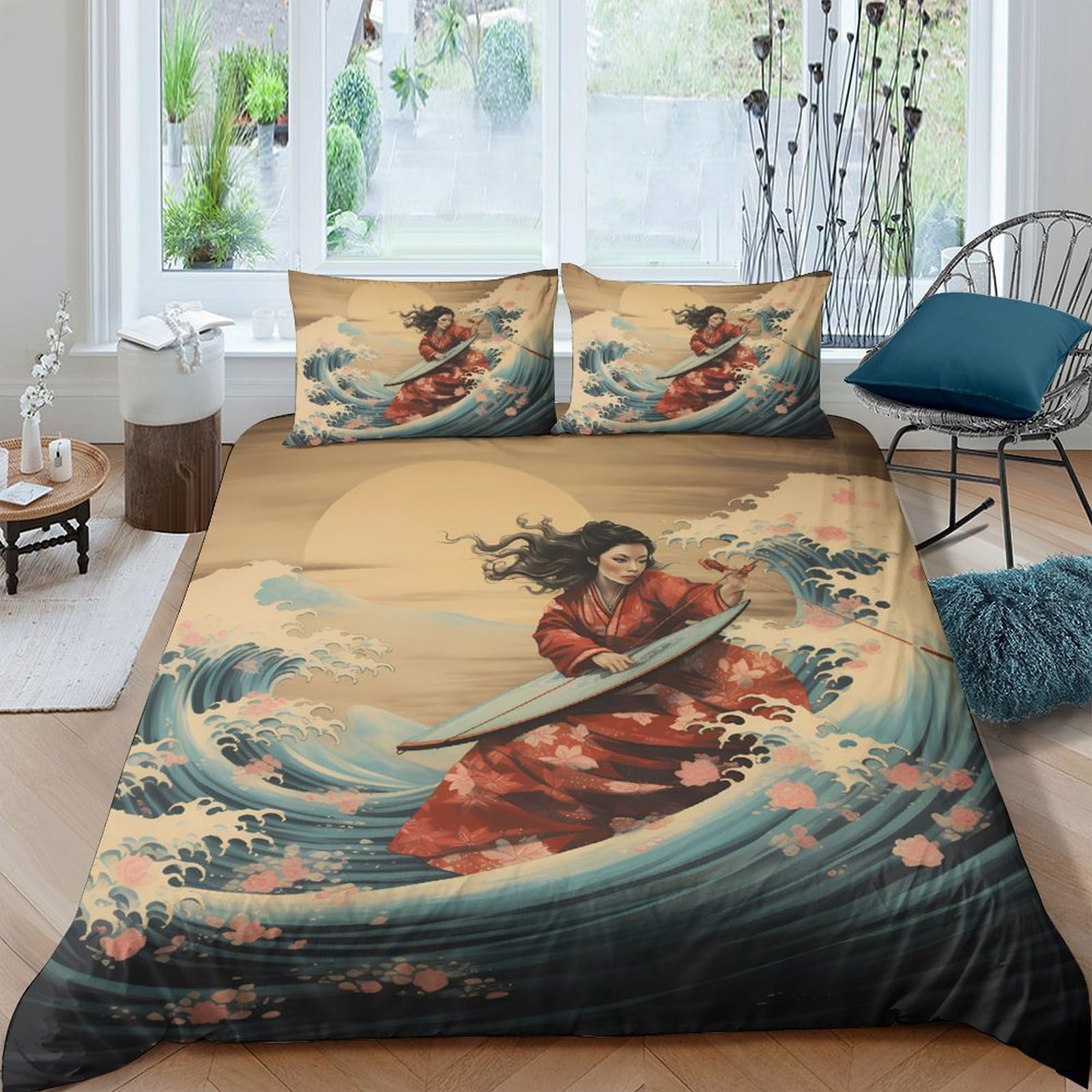 Ctjqhvkz Style-10 3D Printed Japanese Warrior Fitted Sheet Microfiber Breathable Cherry Blossom Bed Cover For Bedroom Guest Room Decor Single（135X200cm）