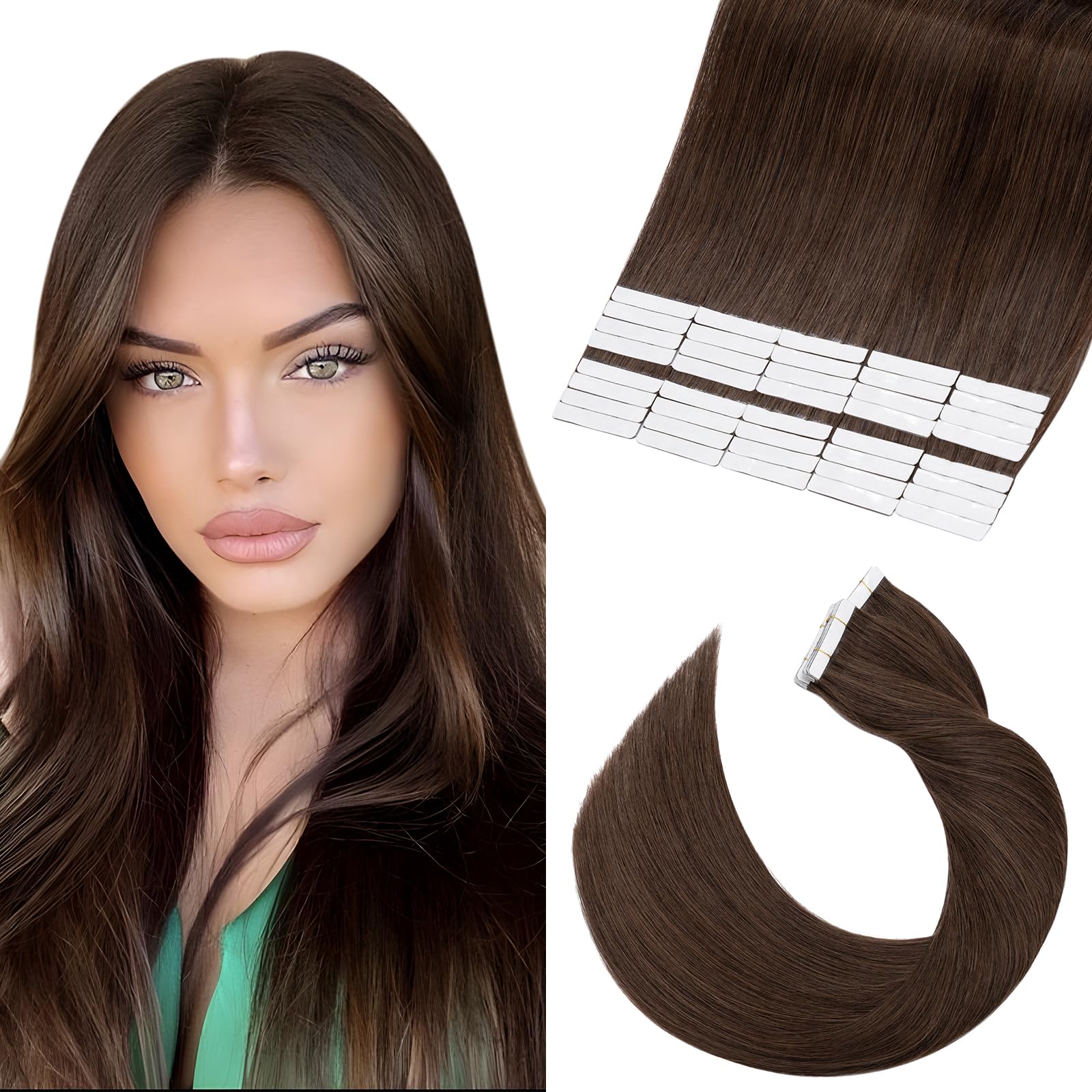 Elailite 40 Pcs Brown Tape in Hair Extensions Real Human Hair