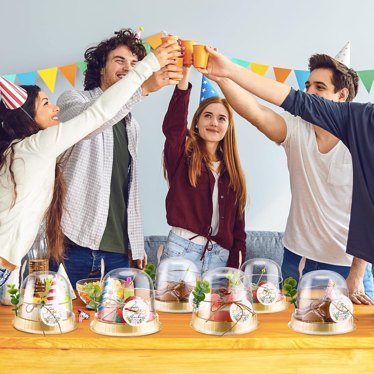 100 Sets Disposable Individual Charcuterie Cups with Lids Clear Plastic Cupcake Container Gold Cocktail Picks Appetizer Disposable Wooden Forks for Wedding Birthday Dessert Display