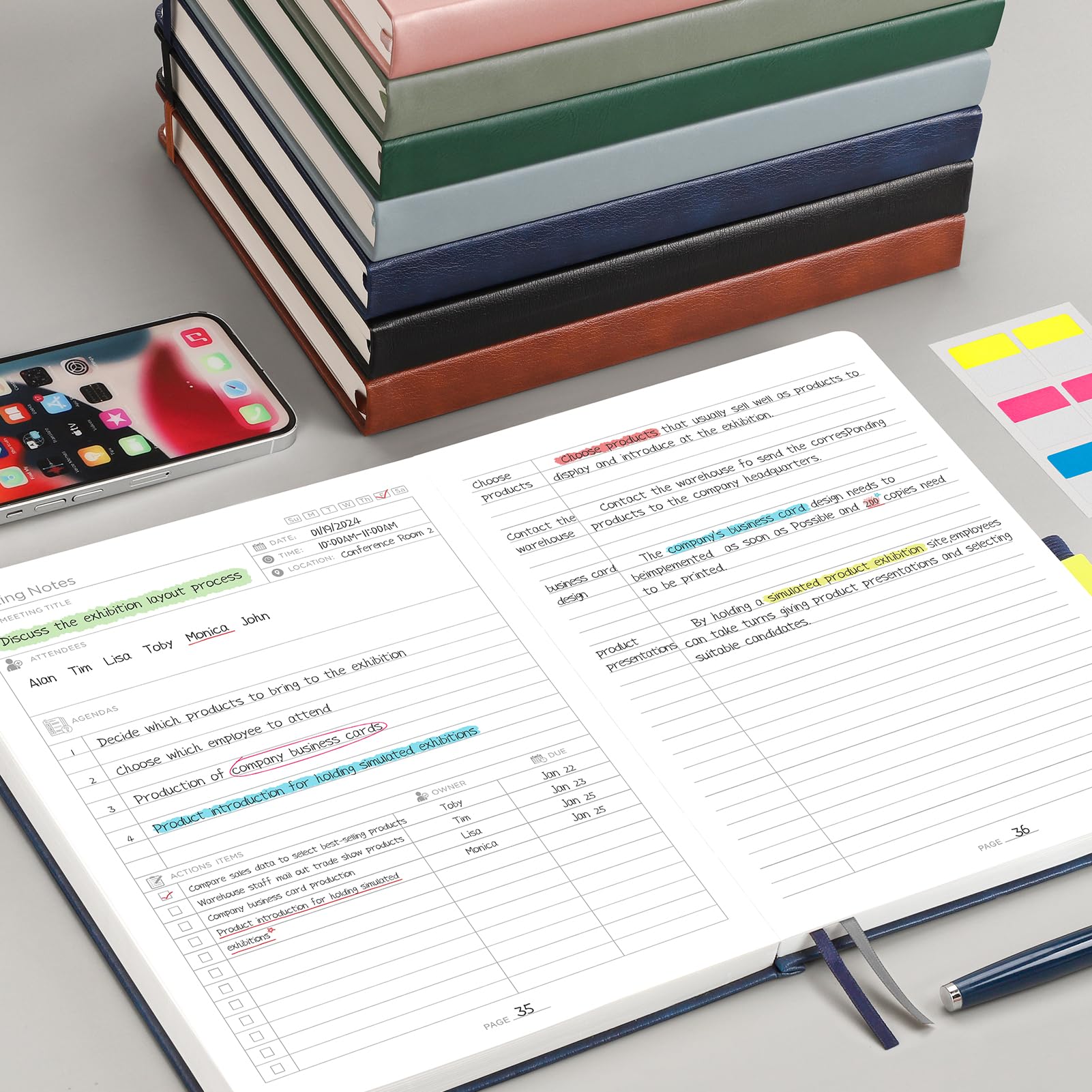 EMSHOI Taccuino per riunioni B5-320 pagine, grande diario, blocco note per lista delle cose da fare, pianificatore di produttività, organizer per progetti, quaderno con copertina rigida in pelle, per