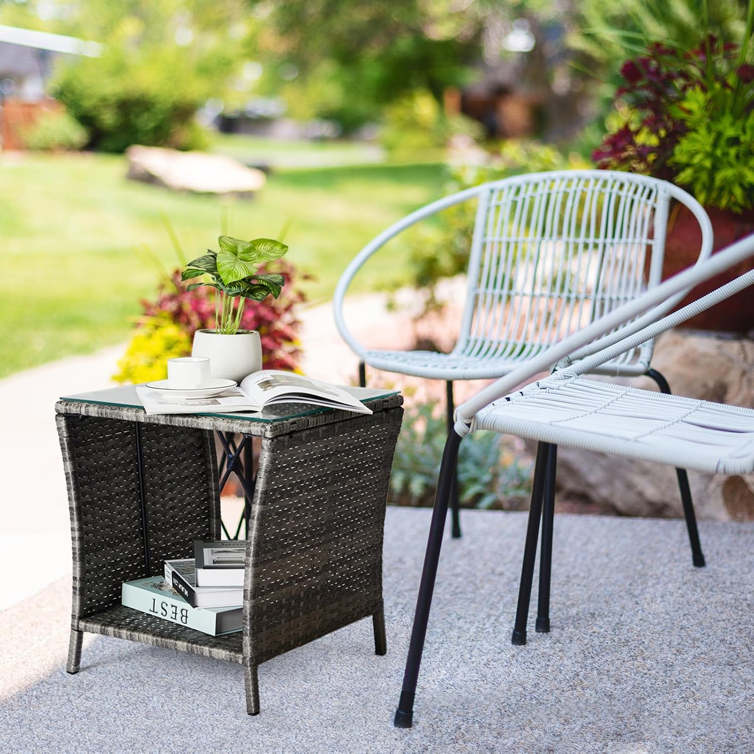 Outvita Outdoor Side Table, Rattan Coffee Table Small End Table with Glass Top Storage for Patio Porch Backyard Balcony
