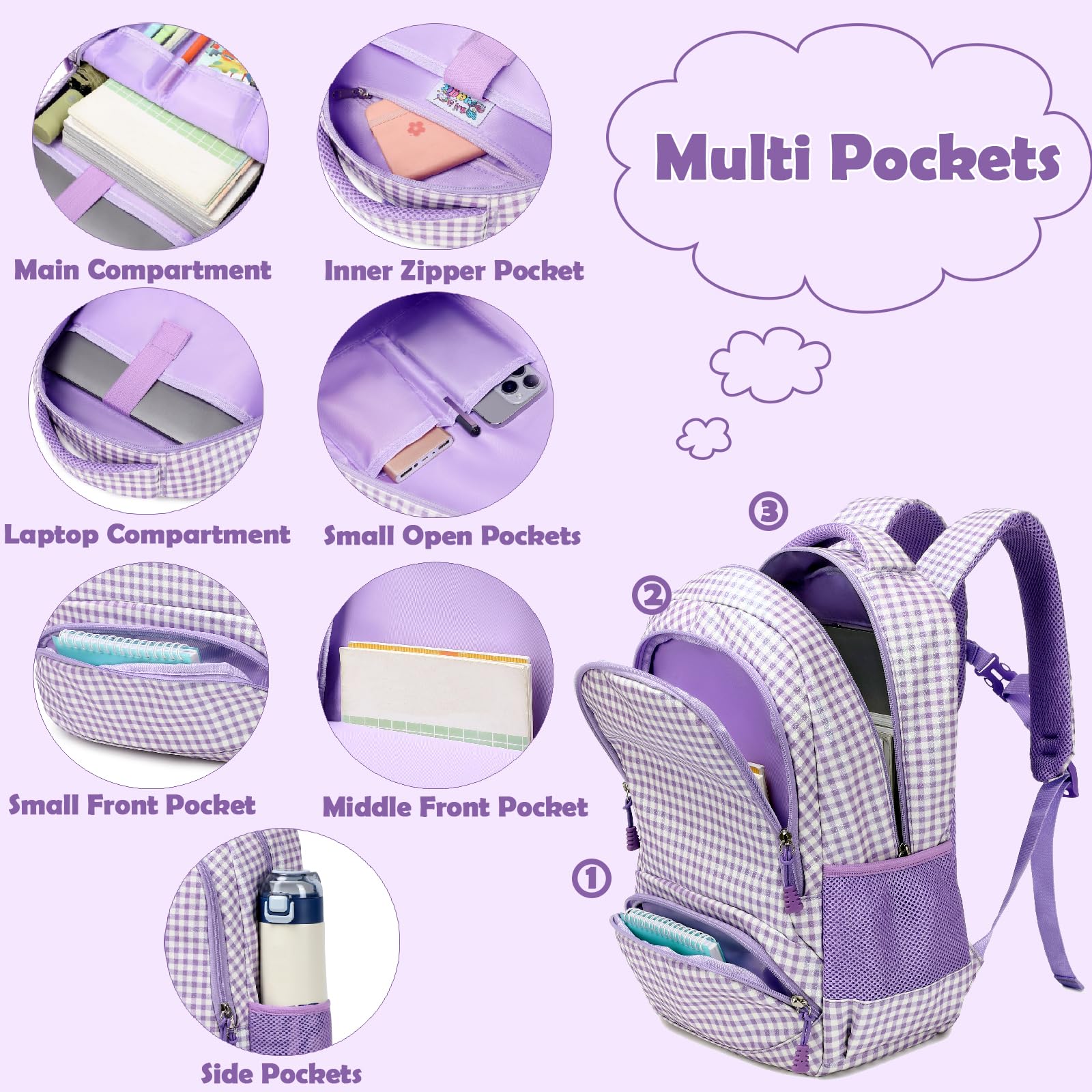Zaino per ragazze a scacchi glitterati, 3 in 1, a scacchi, viola, con borsa per il pranzo, astuccio e cinturino toracico, per scuola materna e elementare