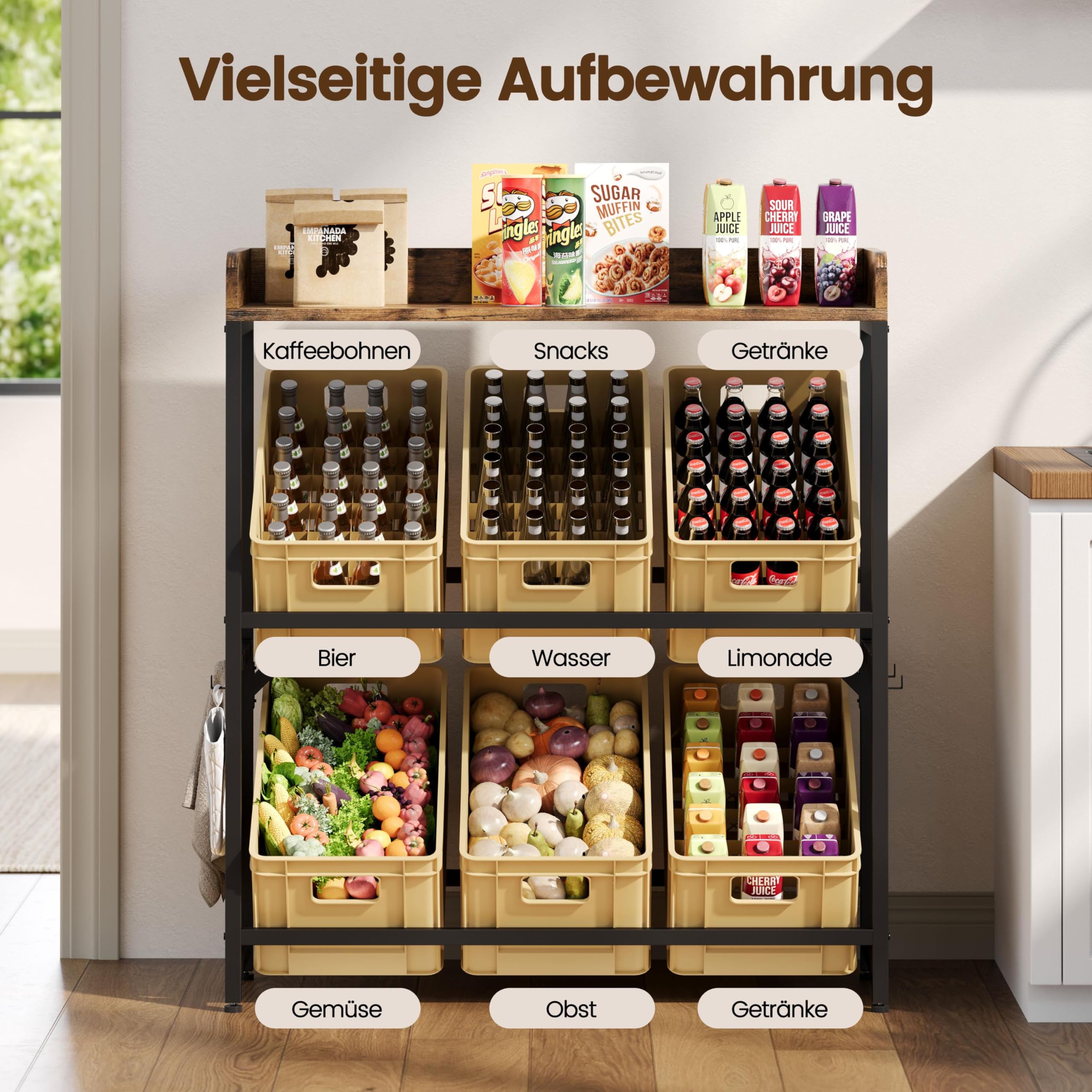 Yaheetech 3-Stufiges Bierkistenregal mit Ablageplatte&4 Seitlichen,Braun | Rustikal-Braun,Landhaus,6 Kisten Kapazität, für Wohnzimmer/Küche/Esszimmer/Garage,Kistenregal,Landhaus-&Industrial-Design