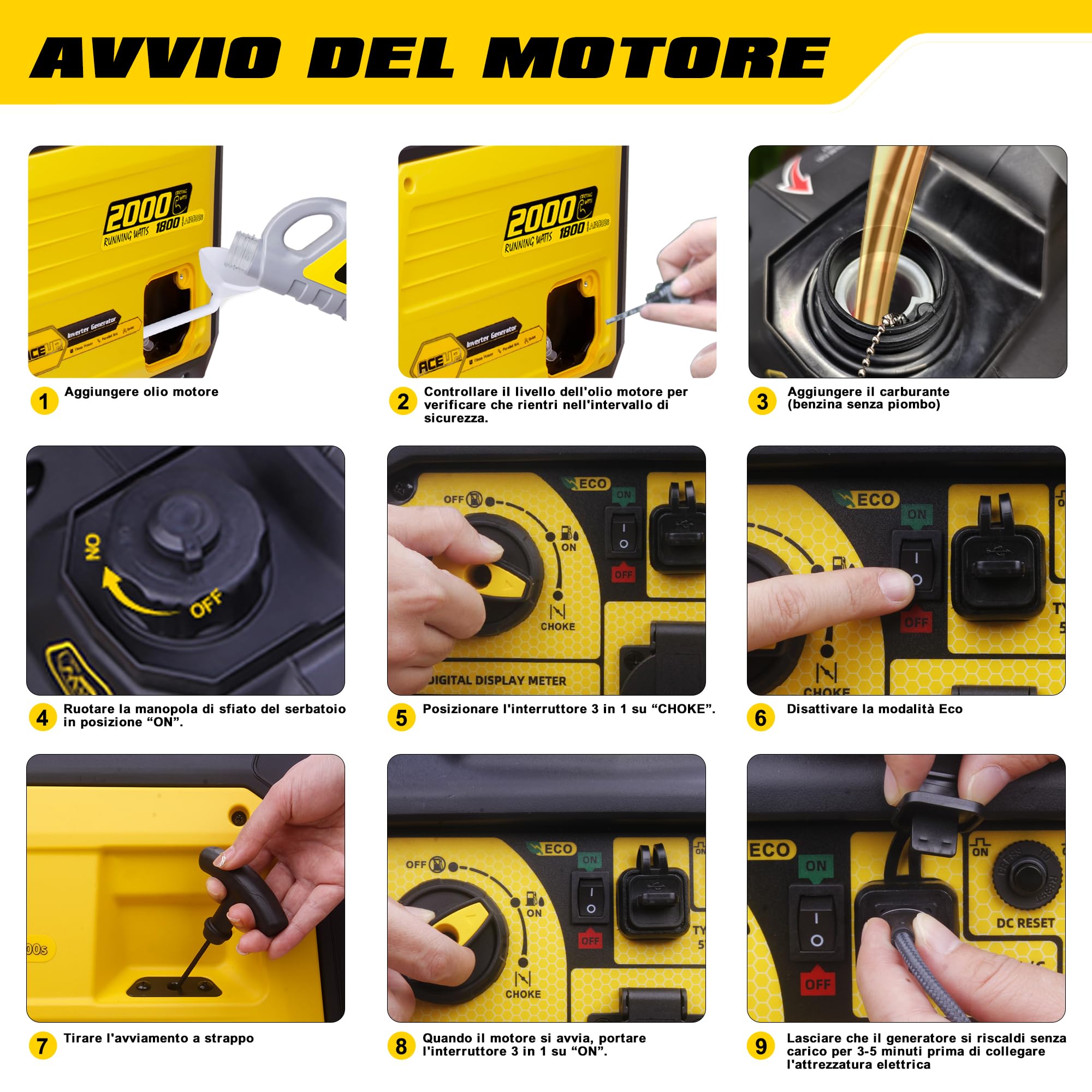 Aceup Energy Generatore di Corrente Inverter 2000W Benzina, Display Digitale, Modalità Eco, 2 Prese 230V USB 5V 12V, Silenzioso e Portatile per Campeggio e Uso Domestico