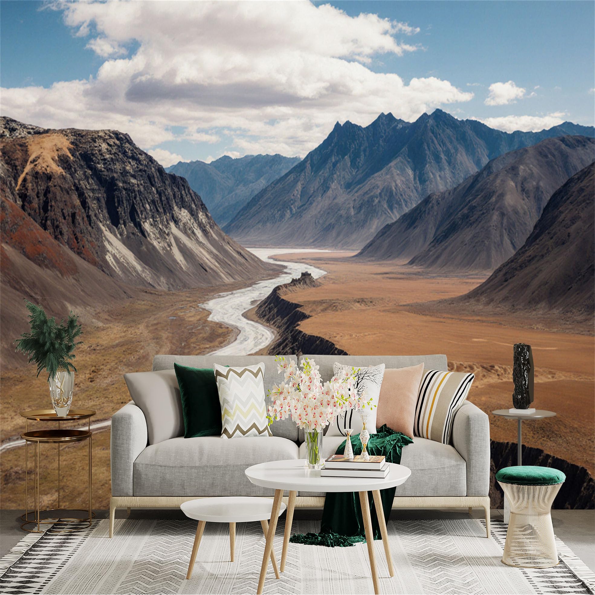 Lnzczhyre Xc260505720 Custom Size Wall Sticker Mural， Winding River Valley， Majestic Mountain Ranges， Vast Wilderness Landscape， Natural Earth Tone Scenery， For Wall Decoration， Peelandstick Wall Decals.