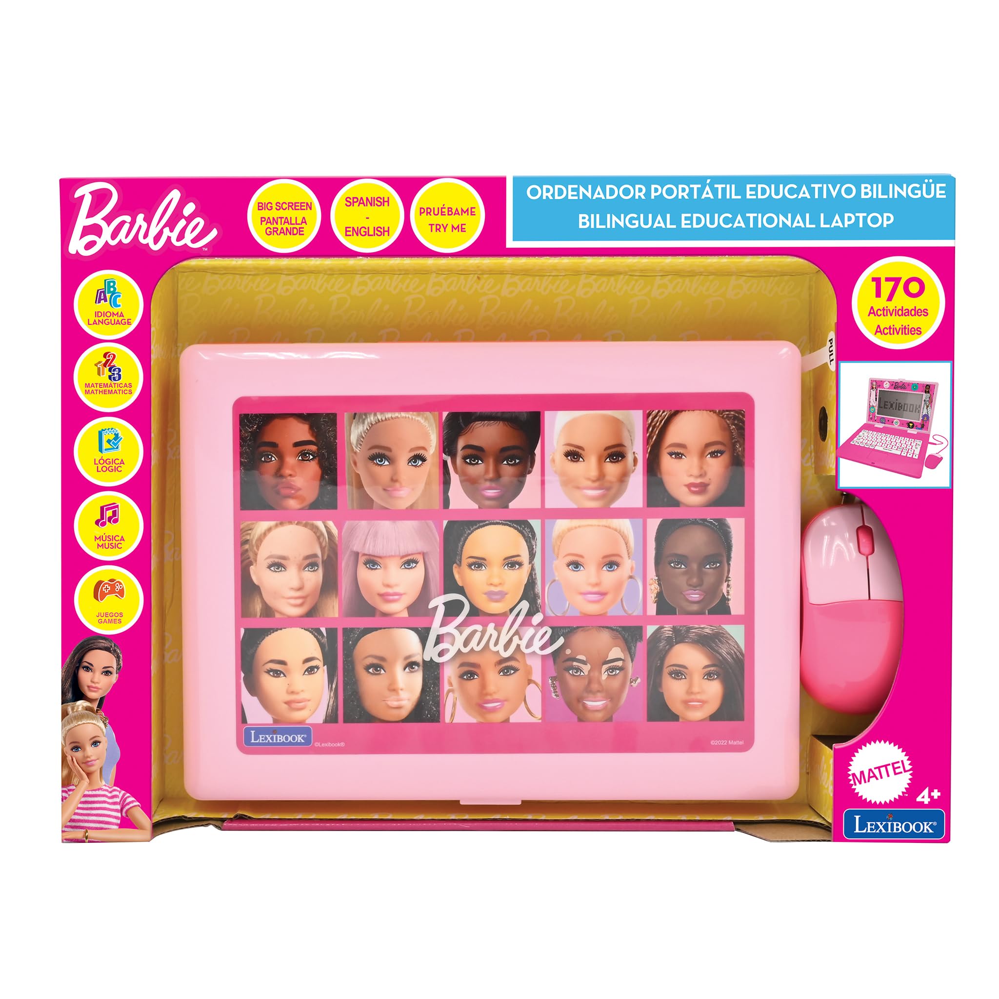 LEXIBOOK, Barbie, Portátil Bilingüe y Educativo ESPAÑOL/INGLÉS, Juguete para Niños, 170 Actividades para Aprender, Jugar y Música, Pantalla Grande, Rosa, JC599BBi2