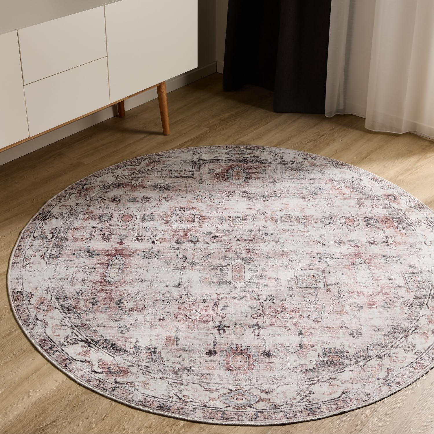 benuta Basic Tapis Salon George - Crème/Taupe 160 cm Rond - Rond Lavable - Vintage, Élégant, Rétro pour Chambre, Couloir, Salle à Manger