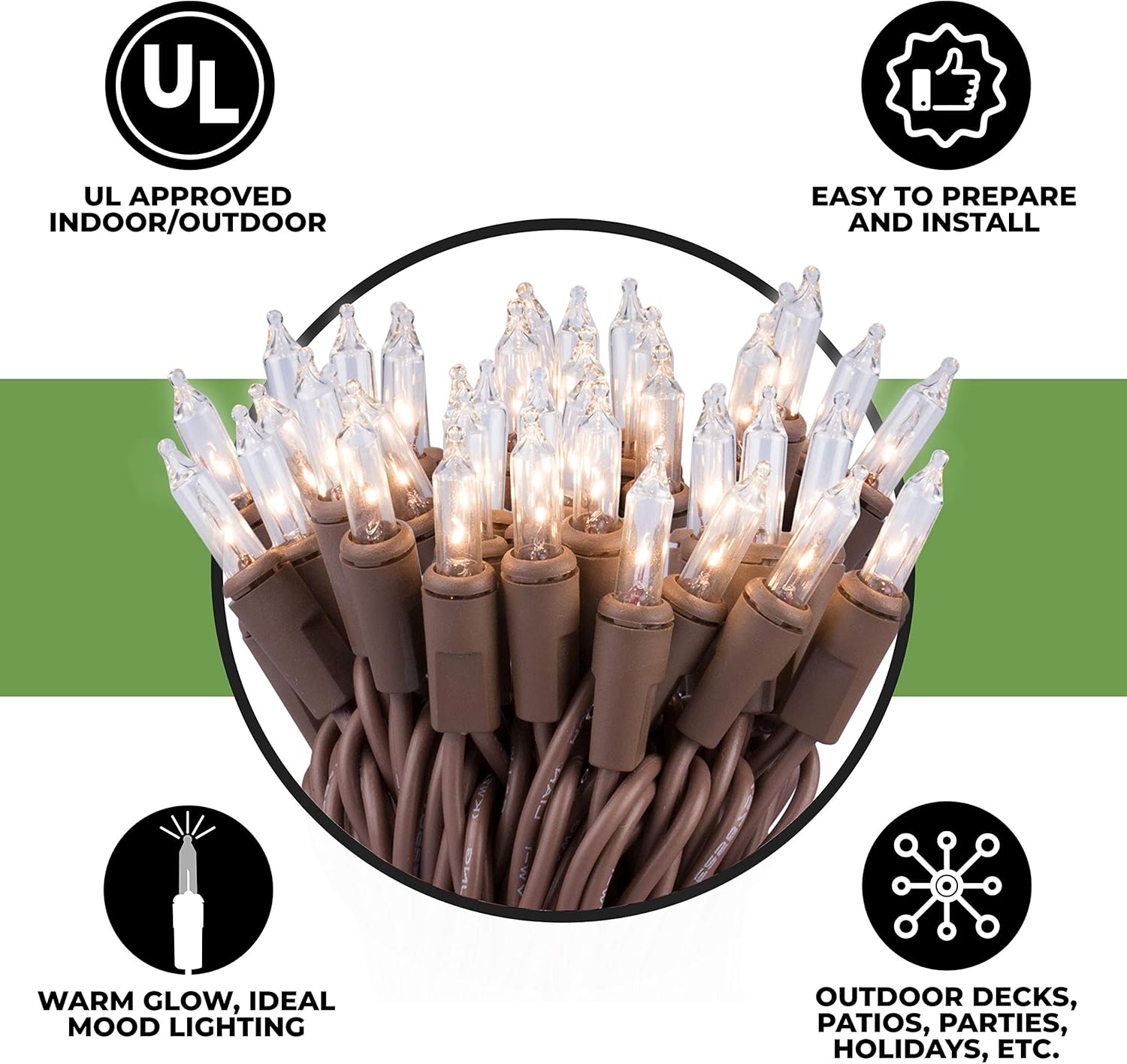 612 Vermont 100 Clear Mini Christmas String Lights on Brown Wire Cord, UL Approved for Indoor/Outdoor Use, 18 Foot of Lighted Length, 20 Foot of Total Length