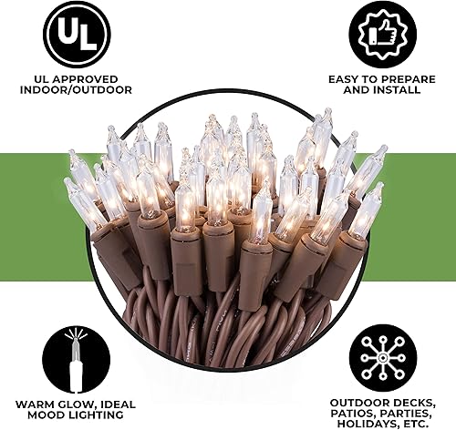 Miniatura 4 de 612 Vermont 100 mini luces transparentes de Navidad en cable de alambre marrón, aprobado por UL para uso en interiores y exteriores, 18 pies de