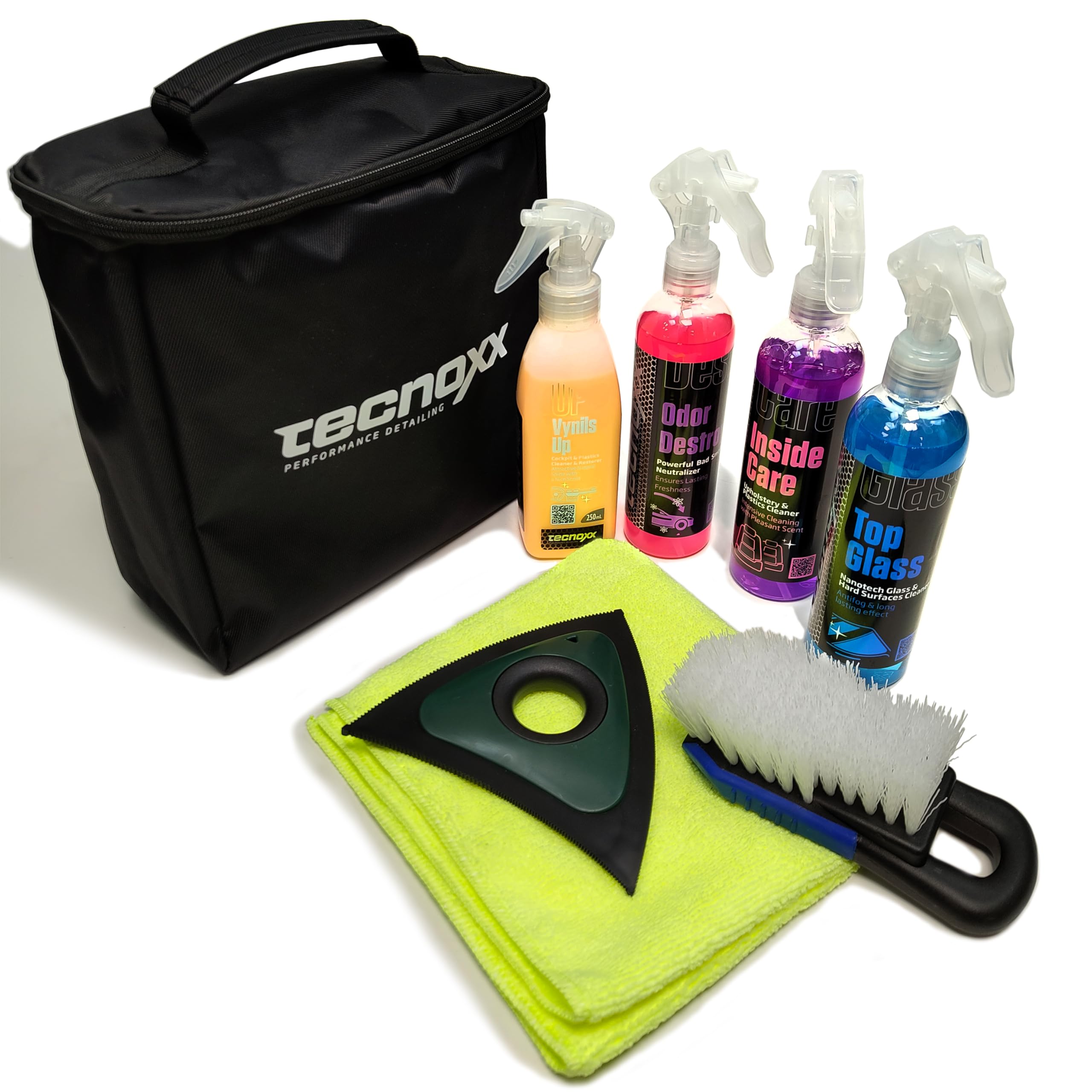 Tecnoxx Pet Car Detailing Kit Limpieza de Coche para Mascotas - Bolsa con Productos para Tapicería, Plásticos, Cristales y Elimina Olores + Quitapelos, Cepillo y Bayeta - Ideal Dueños de Perros