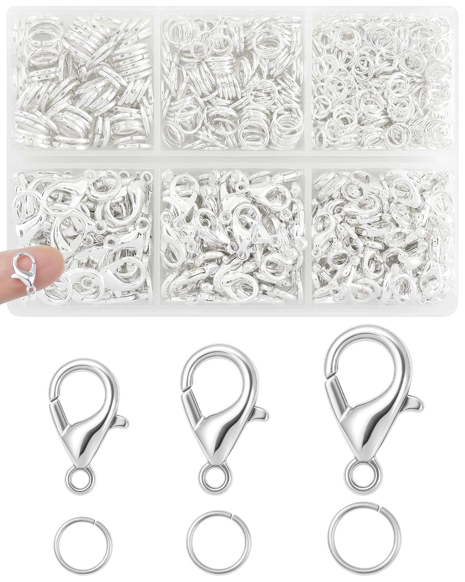 Juego de 900 cierres de pinza de langosta FIVEIZERO y anillos de salto, cierres de joyería de plata para collares, pulseras, llaveros y suministros para hacer joyas de bricolaje