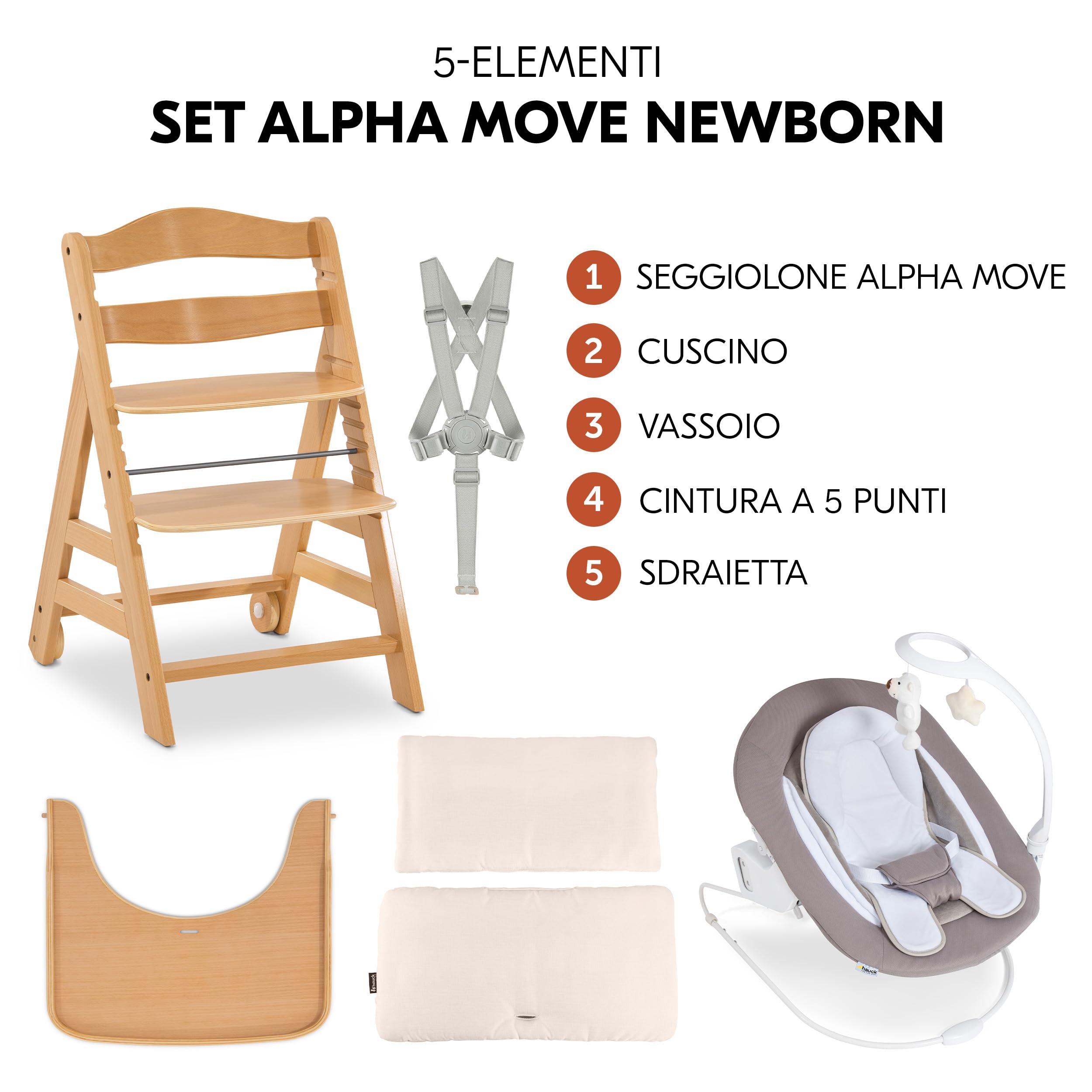 hauck Alpha Move Set Deluxe - Seggiolone in Legno Evolutivo Da 0 Mesi - Sedia Bambini Regolabile con Sdraietta Neonato Reclinabile, Cuscino e Vassoio - Naturale, Sabbia
