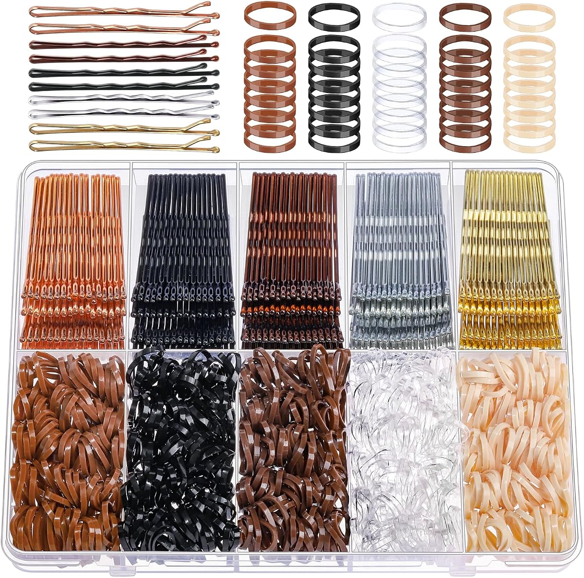 YGDZ 750PCS Bobby Pins for Women, 250PCS 2Inch Hair Pins for Brown Hair, Black, Blonde Hair, 500PCS Elastic Hair Ties Neutral Colors, Christmas Stuffers Xmas Gift Hair Accessories for Women, Girls