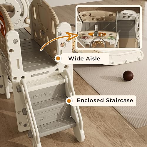 Miniatura 6 de Qaba Tobogán 9 en 1 para niños de 1 a 6 años, tobogán para bebé con temática de automóvil con aro de baloncesto, escalador, espacio de