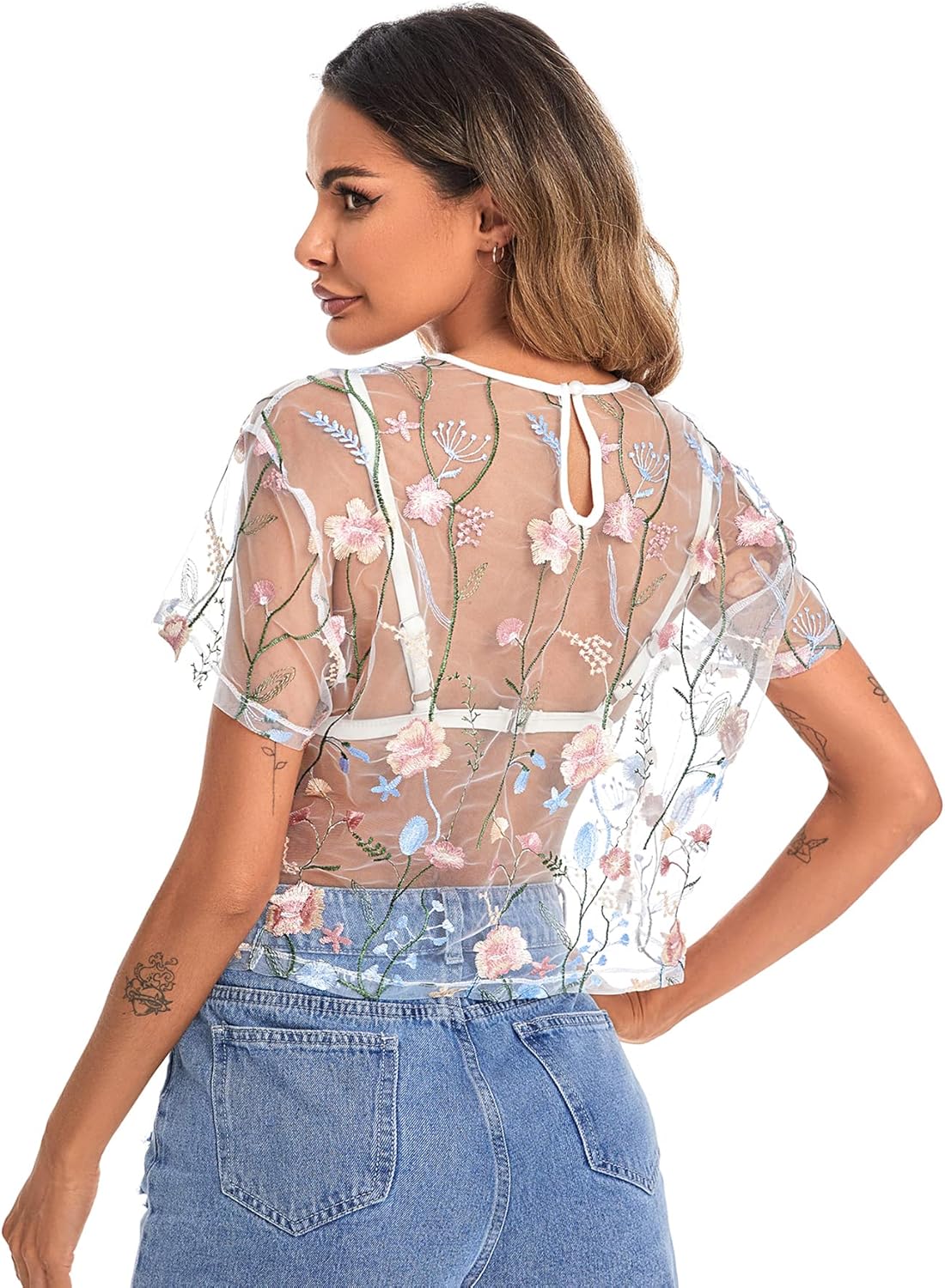 SweatyRocks Women Sheer Mesh Crop Tops Floral Embroided See Throught Short Sleeve Tee Shirt Blouse - Image 3