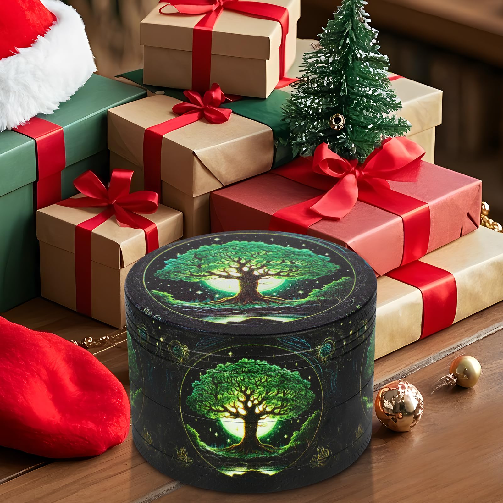 Grinder Grand broyeur 63 mm 40 dents de broyage Moulin à épices avec motif arbre en métal Lot de 4 pièces pour épices, épices, pollen