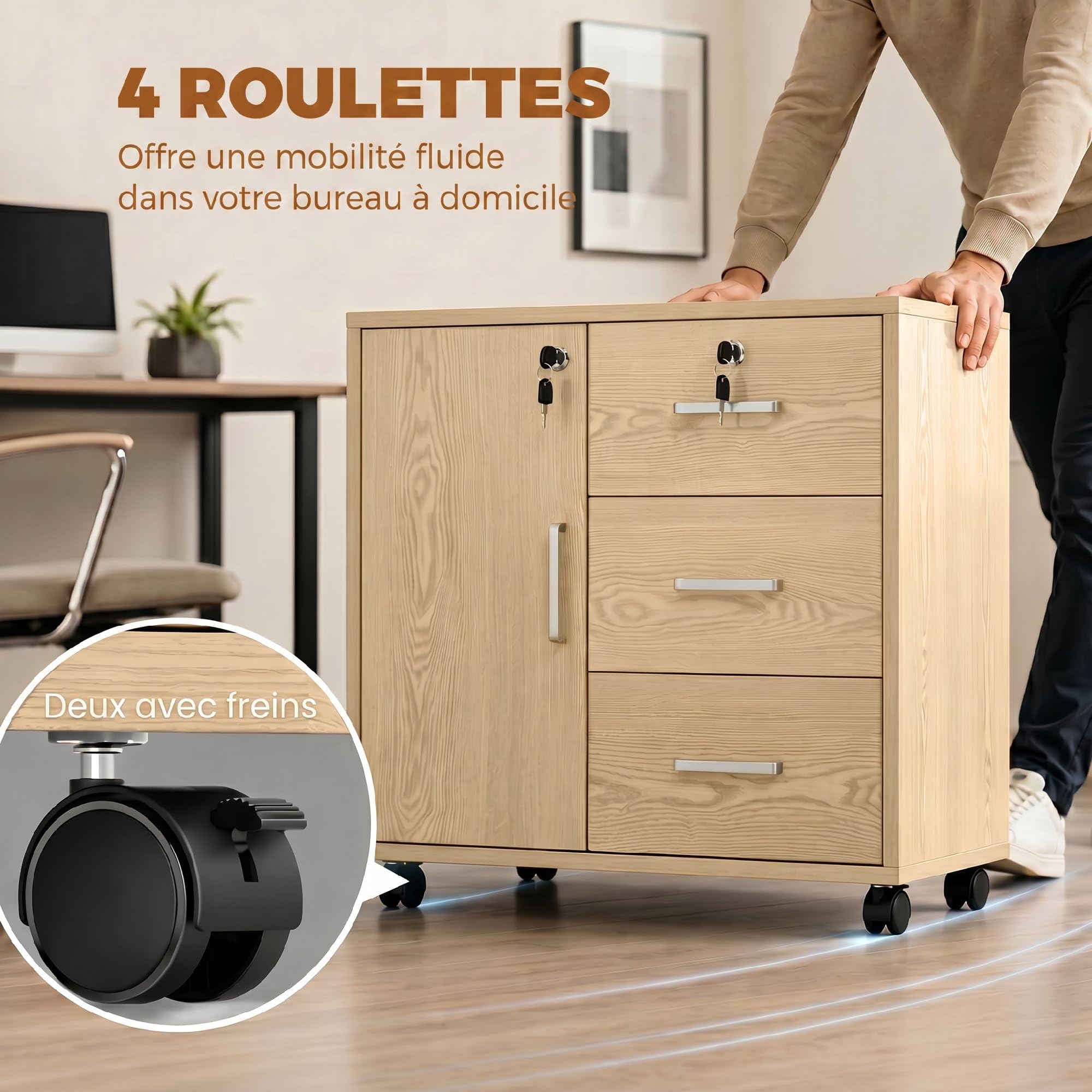 HOMCOM Cassettiera da scrivania con 3 cassetti, 40 x 60 x 56 cm, colore: Marrone | Armadietto portaoggetti regolabile per ufficio, ruote