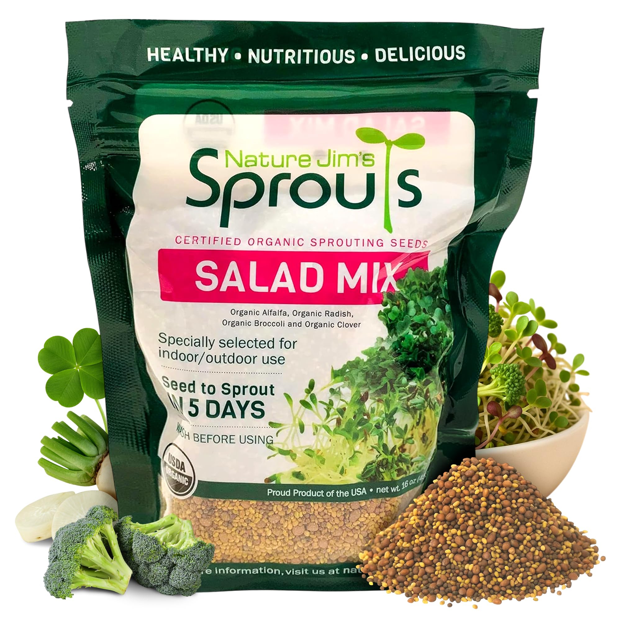 Nature Jims Sprouts Organic Salad Mix – Non-GMO Microgreen Seeds for Growing – Healthy Broccoli, Alfalfa, Radish & Clover Sprouting Variety Blend – Microgreens & Sprouts Seeds for Home Gardening – 1lb