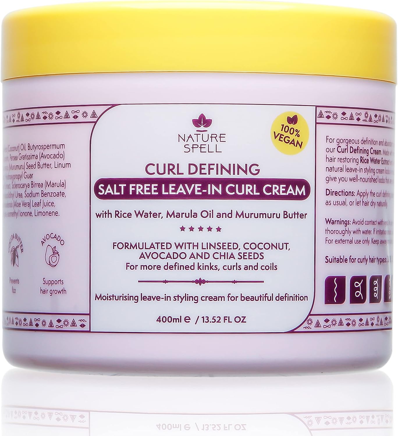 Nature Spell Curl Leave-In Cream, Salt Free Formula for Definition Repair & Heat Protection, Smoothing & Styling