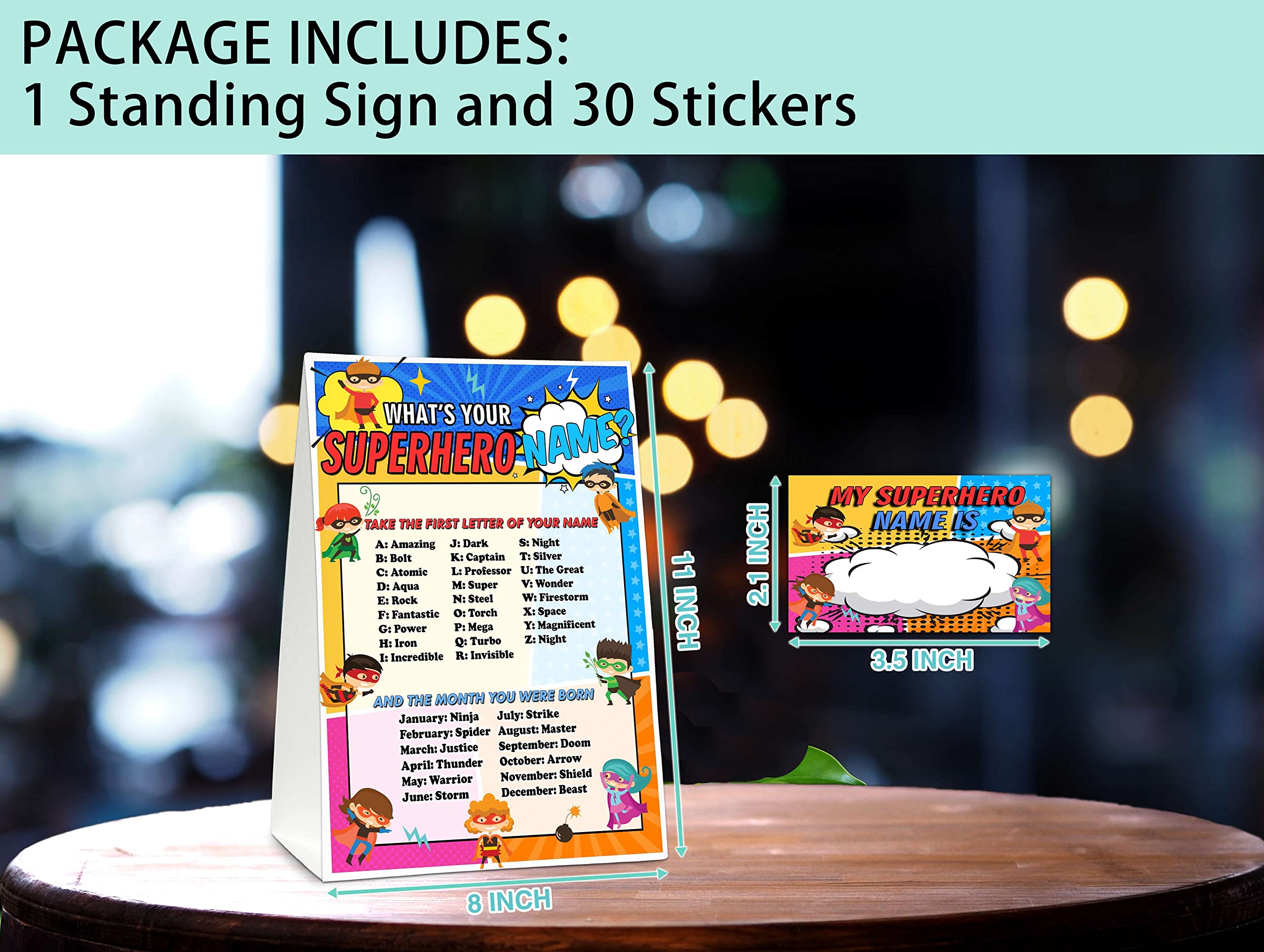 What's Your Superhero Name Game - Super Hero Birthday Party Games for Boys - Family School Classroom Activity - 1 Standing Sign and 30 Stickers - Kids Superhero Party Supplies Decorations(06)