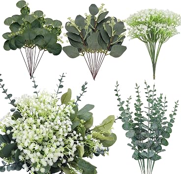 100 Pcs Mixed Artificial Eucalyptus Stems Bulk with Babys Breath Fake Flowers Artificial Greenery for Home Decoration, Crafts, Wedding Arrangement