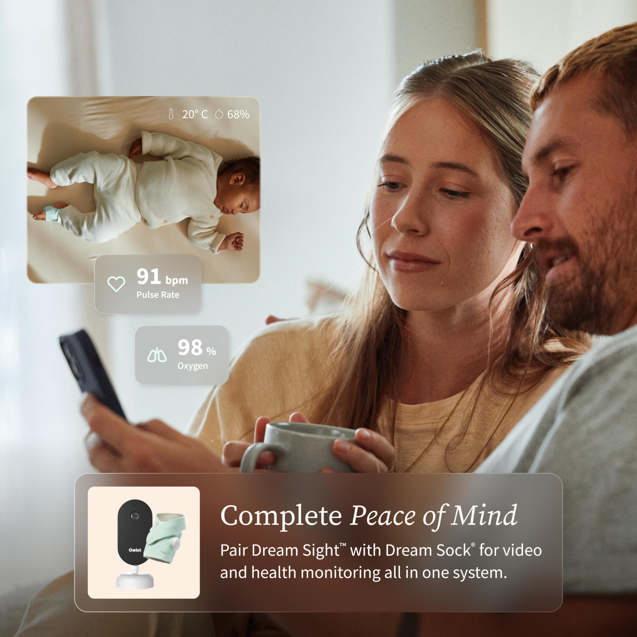 Owlet Dream Sight - Baby monitor intelligente con camera HD 2K, Avvisi pianto, suoni e movimenti, Monitoraggio temperatura e umidità