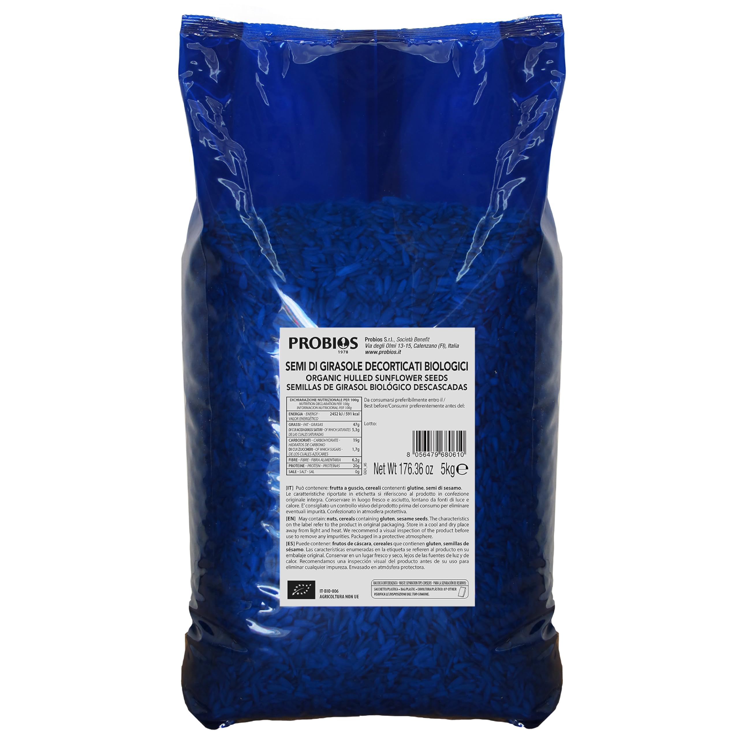 Probios Semi di girasole Biologici - Ricchi di Fibre e Minerali - Semi Girasole Crudi Commestibili - Vegani - Confezione da 5 kg