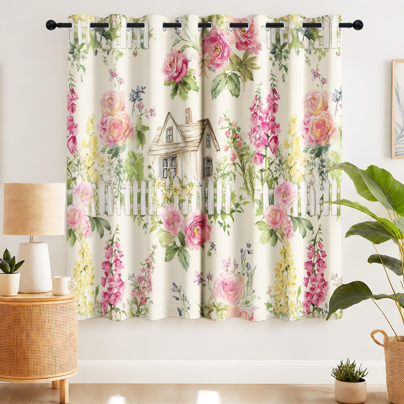 Générique Rideaux Motif Aquarelle Champêtre, 117 x 137 CM Lot de 2, Rideau Occultant Floral Maison, Thermique, Oeillets, Opaque, Decoration Chambre, Salon, Draperies Fenetre