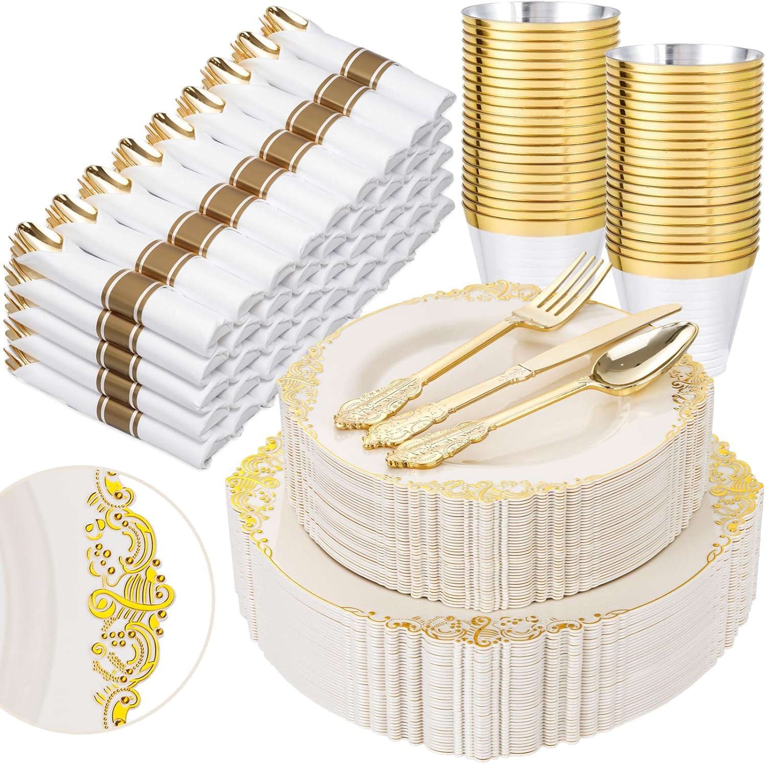 Photo 1 of Nervure 350PCS Ivory Plastic Plates - Ivory Gold Plastic Dinnerware Sets for 50 Guests - 100 Gold Disposable Plates, 50 Pre Rolled Silverware Sets, 50 Cups Perfect for Wedding & Party