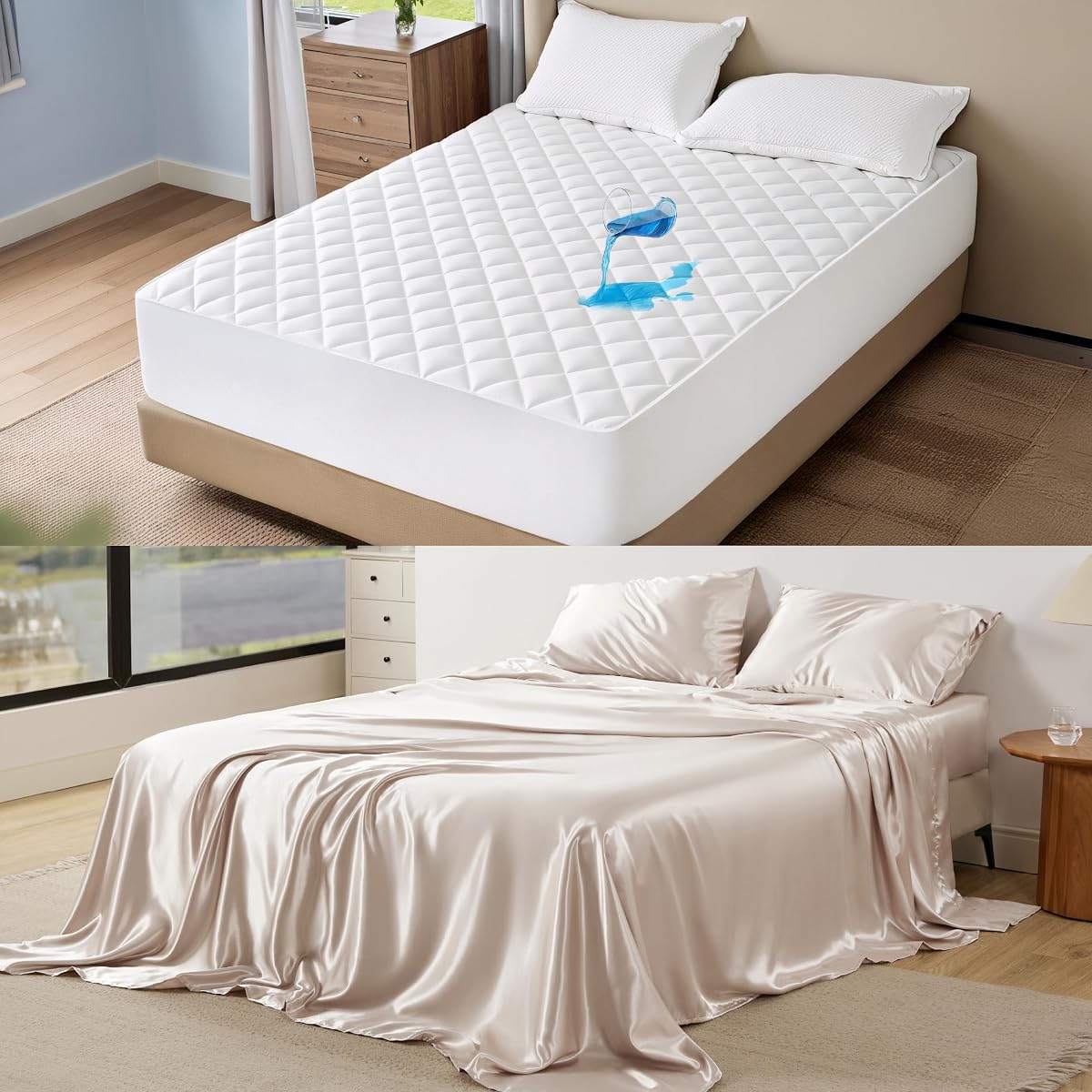 Bedsure Protector de colchón impermeable Queen + juego de sábanas (blanco + beige)
