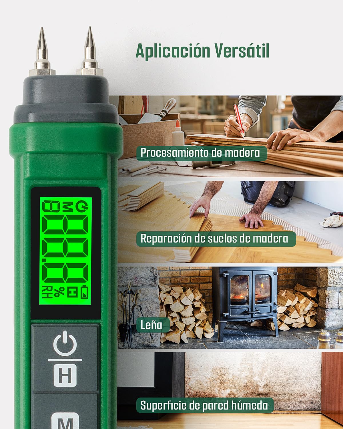 TESMEN TWM-186 Medidor de Humedad Portátil 2 Modos 7 Escalas Madera Ladrillos Paredes Verde