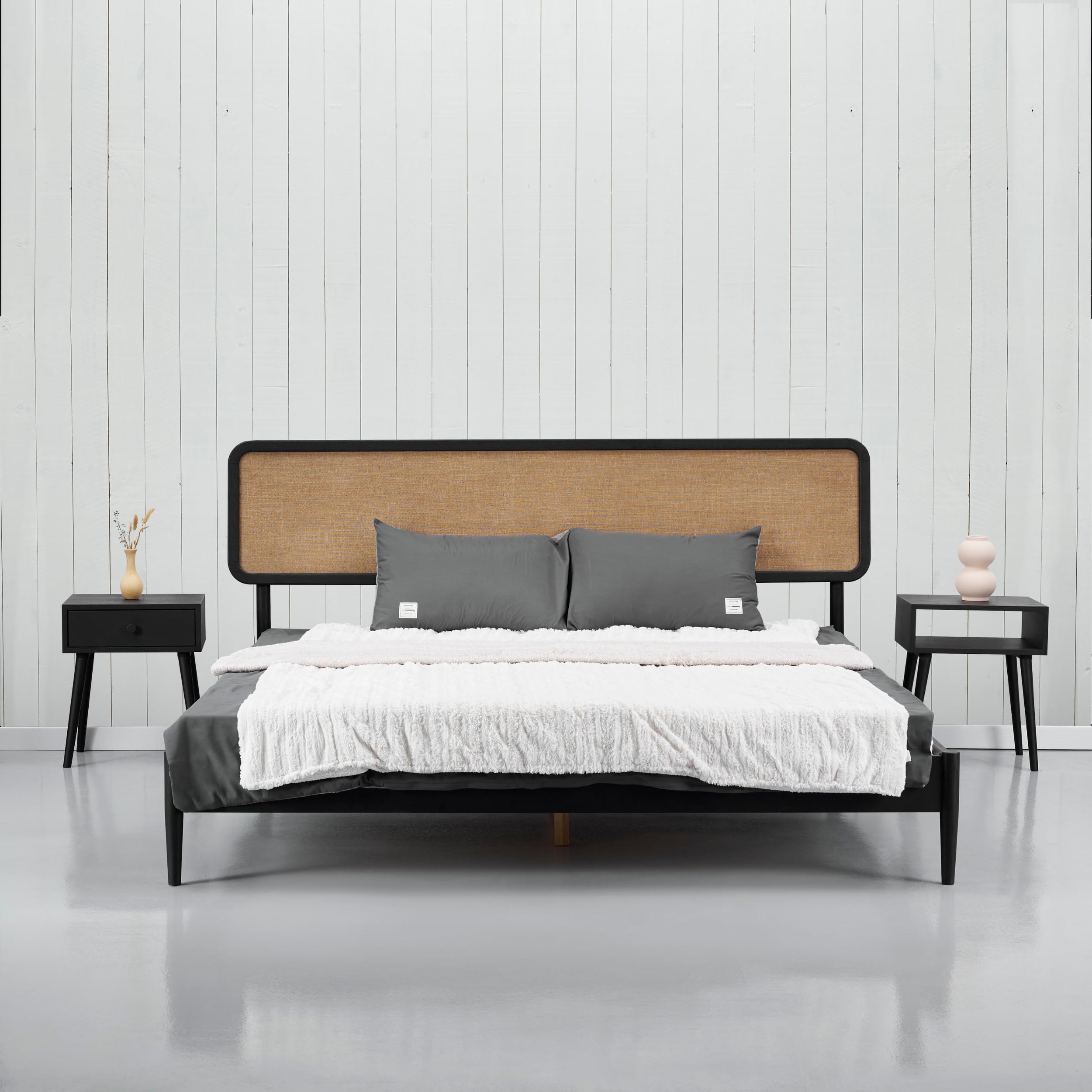 NTC Lupin Wooden Bed Frame with Headboard, Solid Oak and Rubber Wood Foundation with Silent Slats and Wood Central Supports, 1000 Lb Capacity, Effortless Assembly, King - Burnt Black