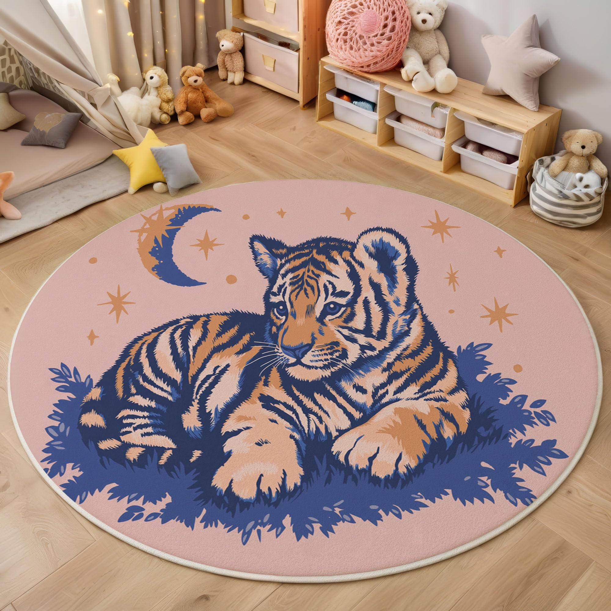 Tapis rond moelleux tigre bleu 160cm doté d'une texture ultra douce pour le salon