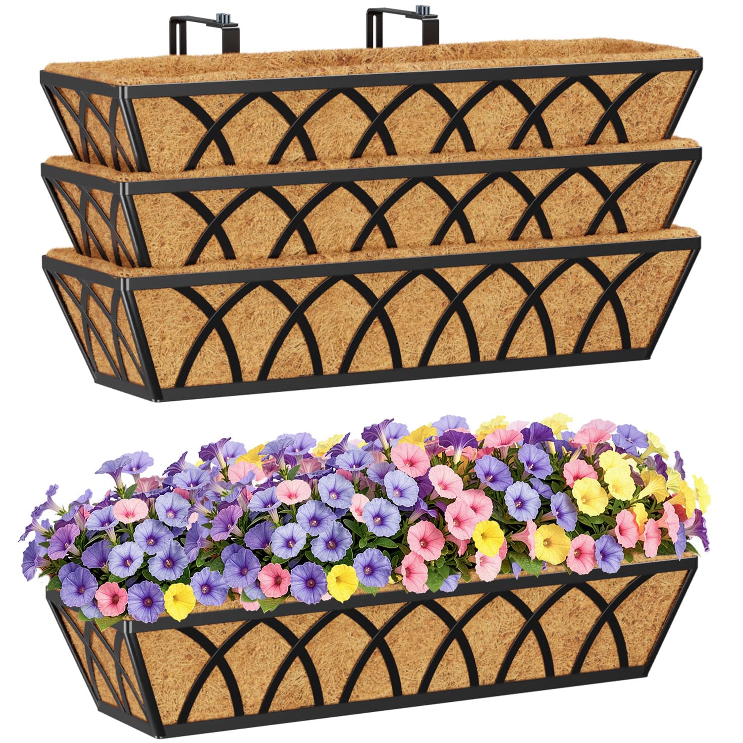 Hfhome X 4P -Type 4Pcs 60.9Cm/24In Hanging Flower Baskets, Wall Mounted Trough Basket With Coco Liner, Metal Railing Planter Box For Window Box Porch Balcony Fences