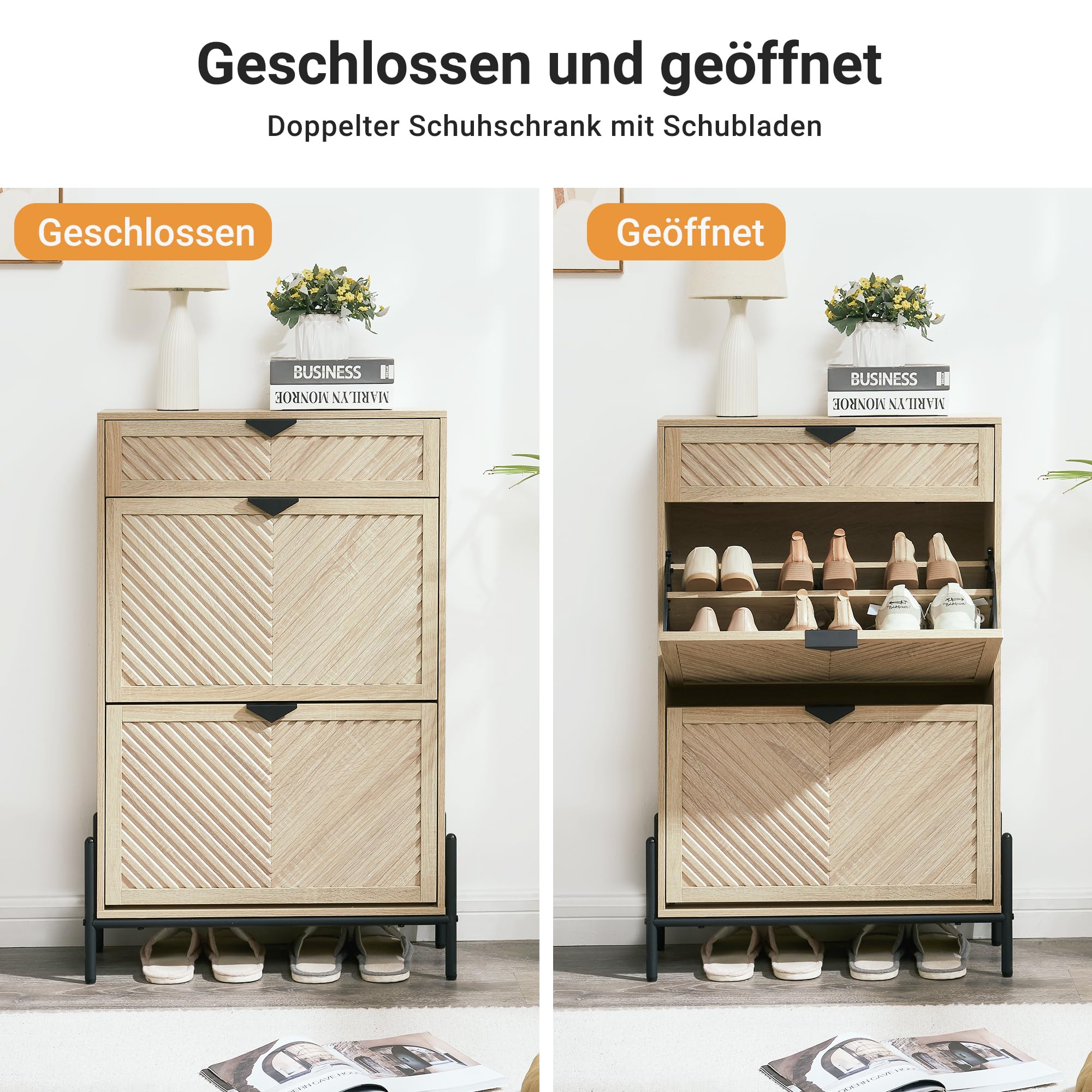 Schmaler Schuhschrank Schuhregal 2 Klappen Schublade, Eiche