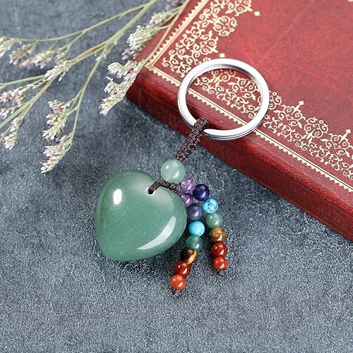Miniatura 2 de MANIFO Llavero de cristal de corazón de aventurina verde natural, 7 chakras, piedras preciosas curativas para mujer
